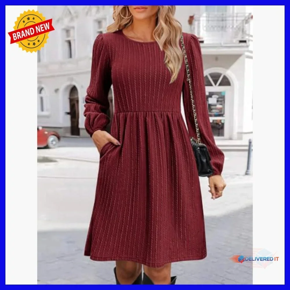 Knee-Length A-Line Sweater Dress with Pockets, Long Sleeve Crew Neck